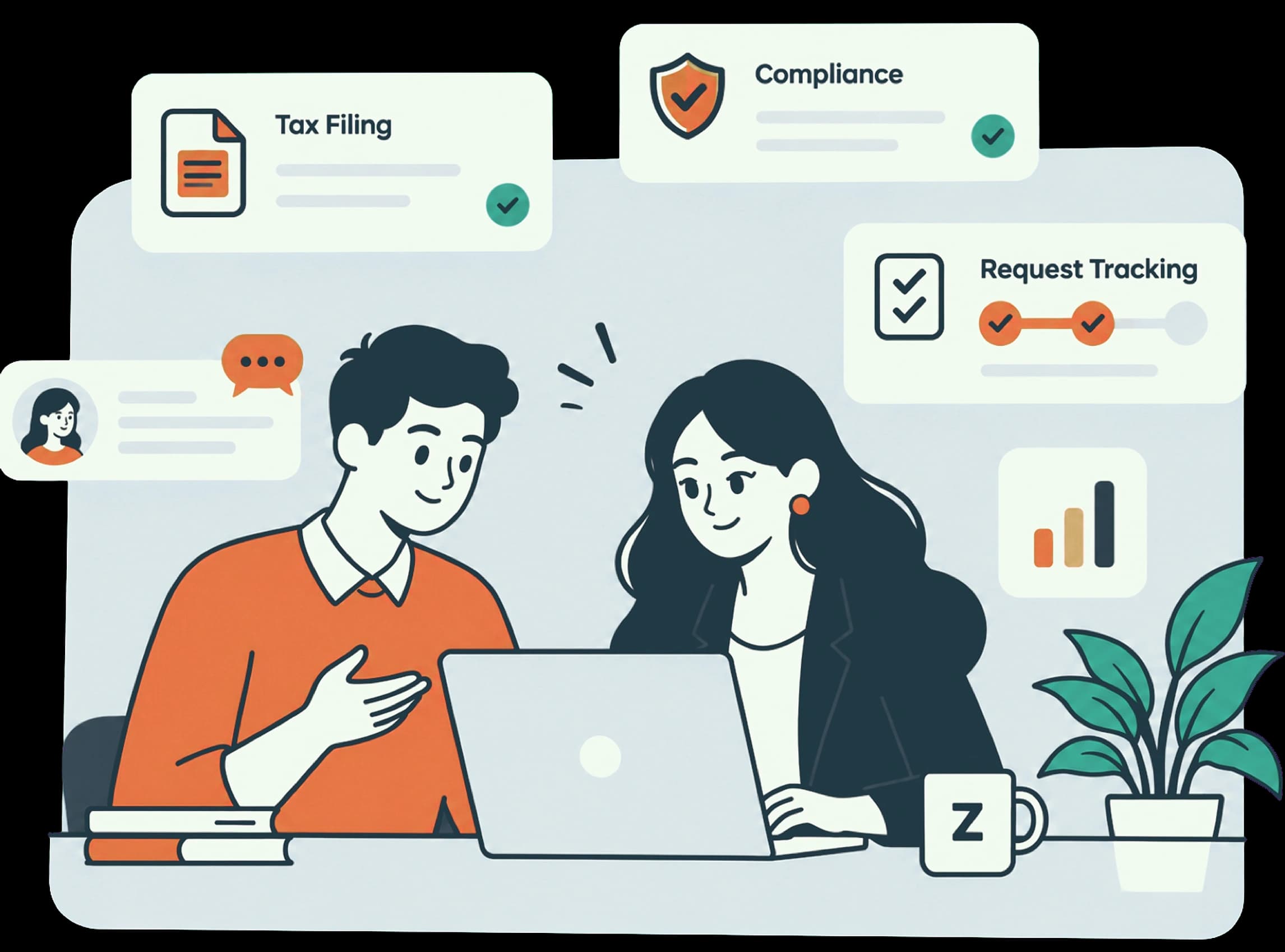 A business owner and an adviser reviewing a document together at a laptop, with a checklist, a folder, a chat and a shield floating above