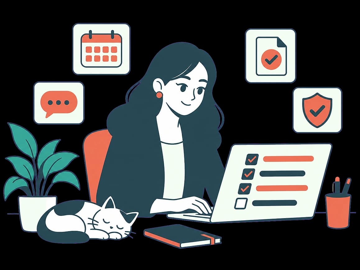 An adviser at a laptop with a checklist, surrounded by a calendar, a chat, a document and a shield