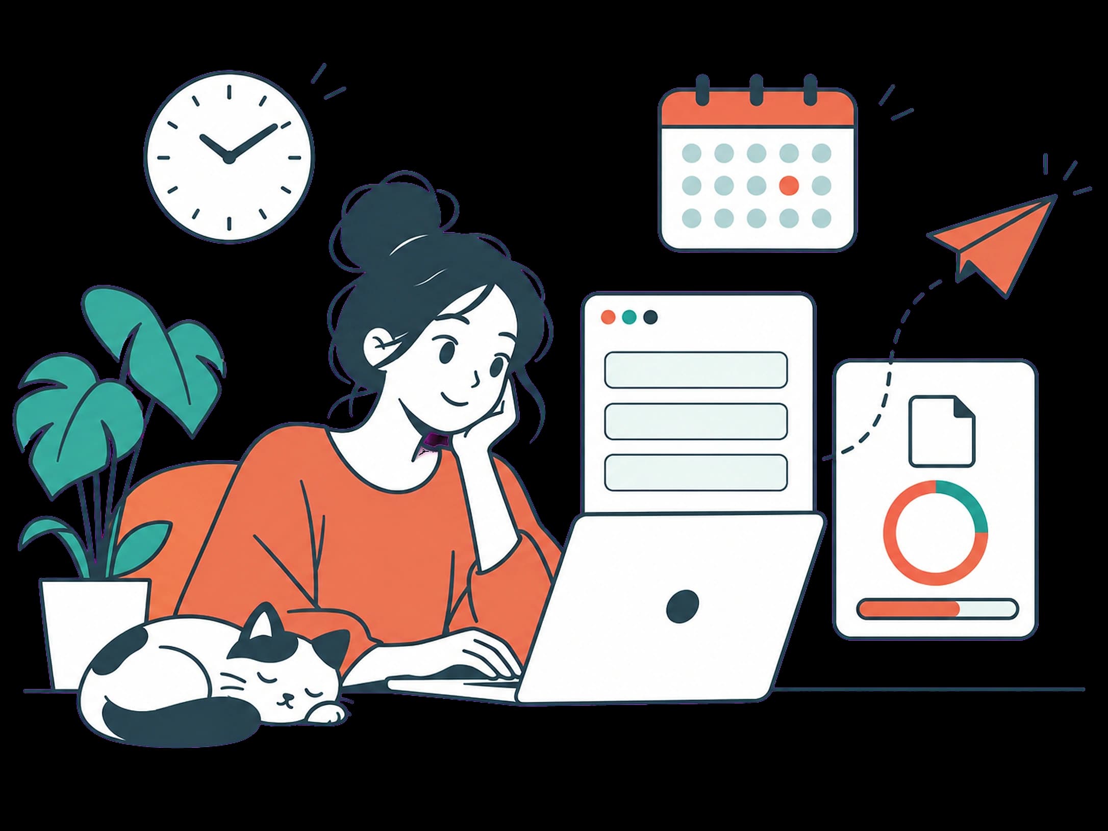 A woman filling a form while a document uploads and a paper plane flies off