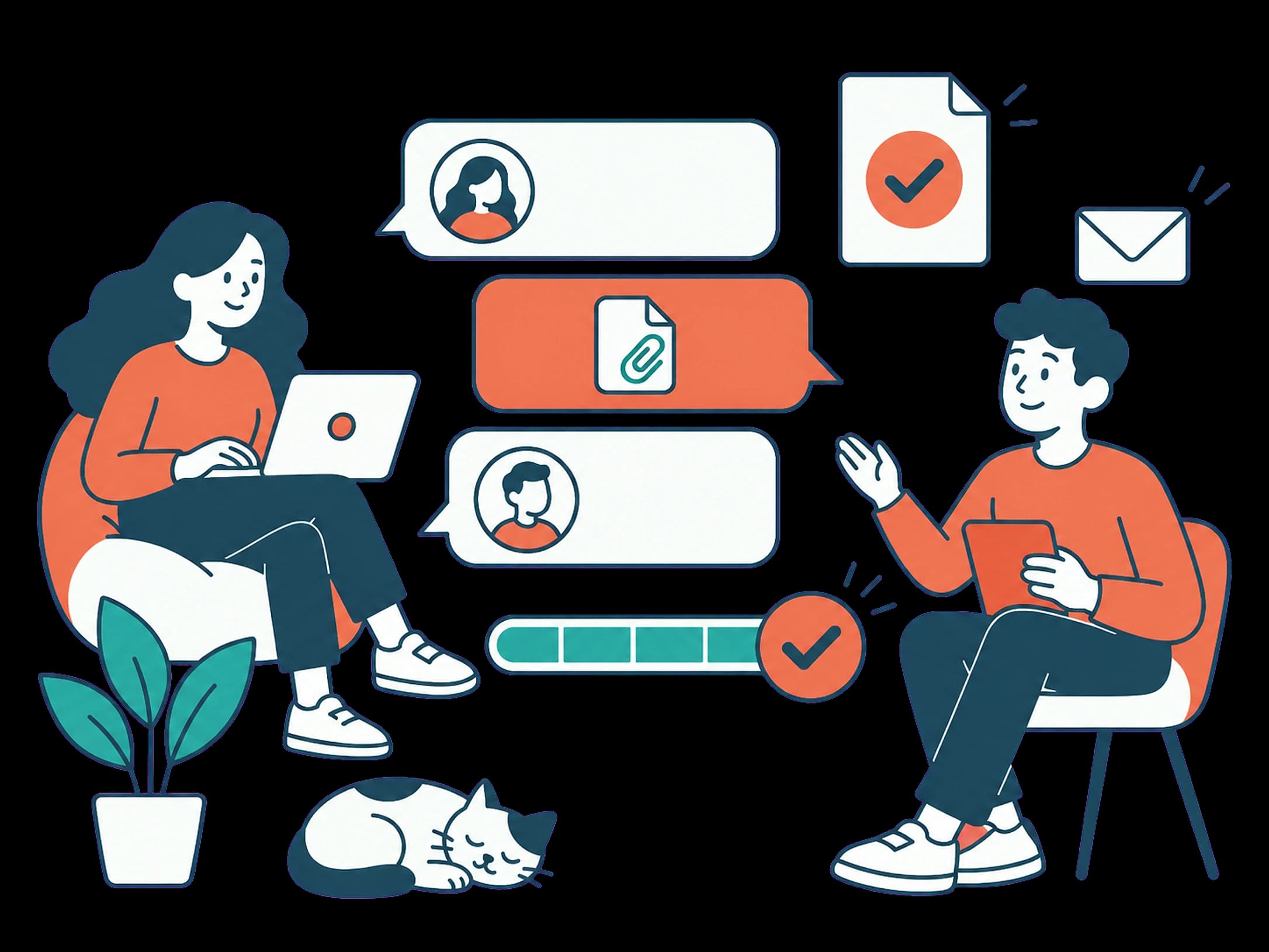 A conversation thread with an attachment and a completed progress bar